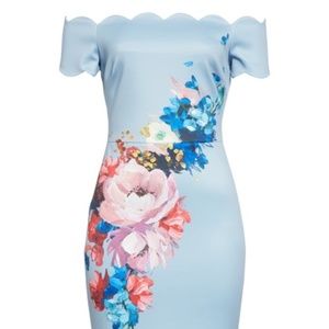 TED BAKER London Blue Raspberry Ripple Floral Scallop Off the Shoulder Dress
